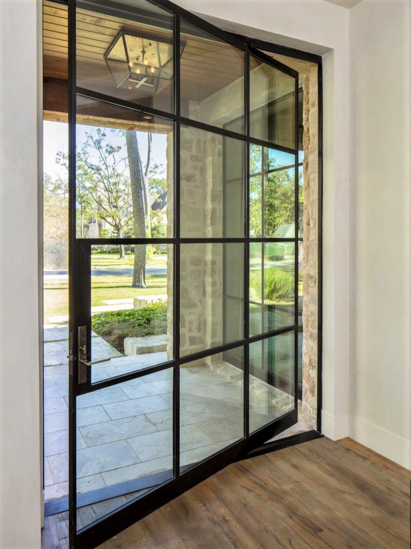 Modern Multi Pane Glass Pivot Door - Custom Iron Door Pros